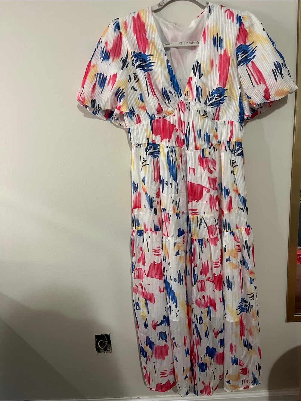 White Floral Brushstroke Maxi Dress with Pink & Blue Accents